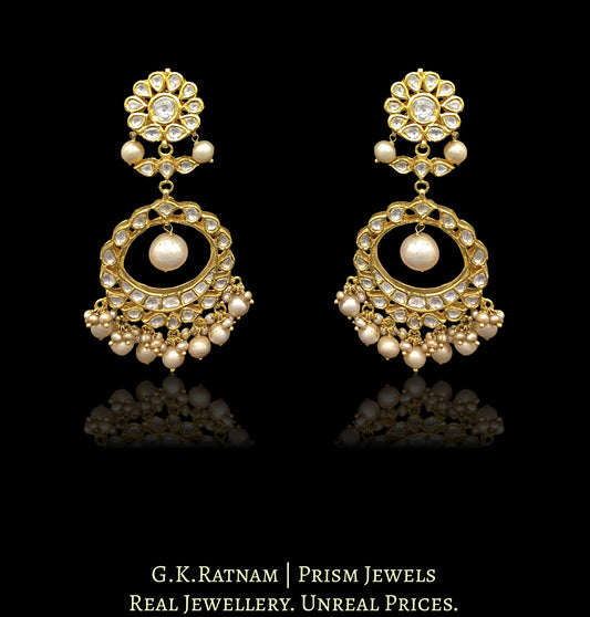 Traditional Gold and Diamond Polki Chand Bali Earring Pair with Antique Pearls