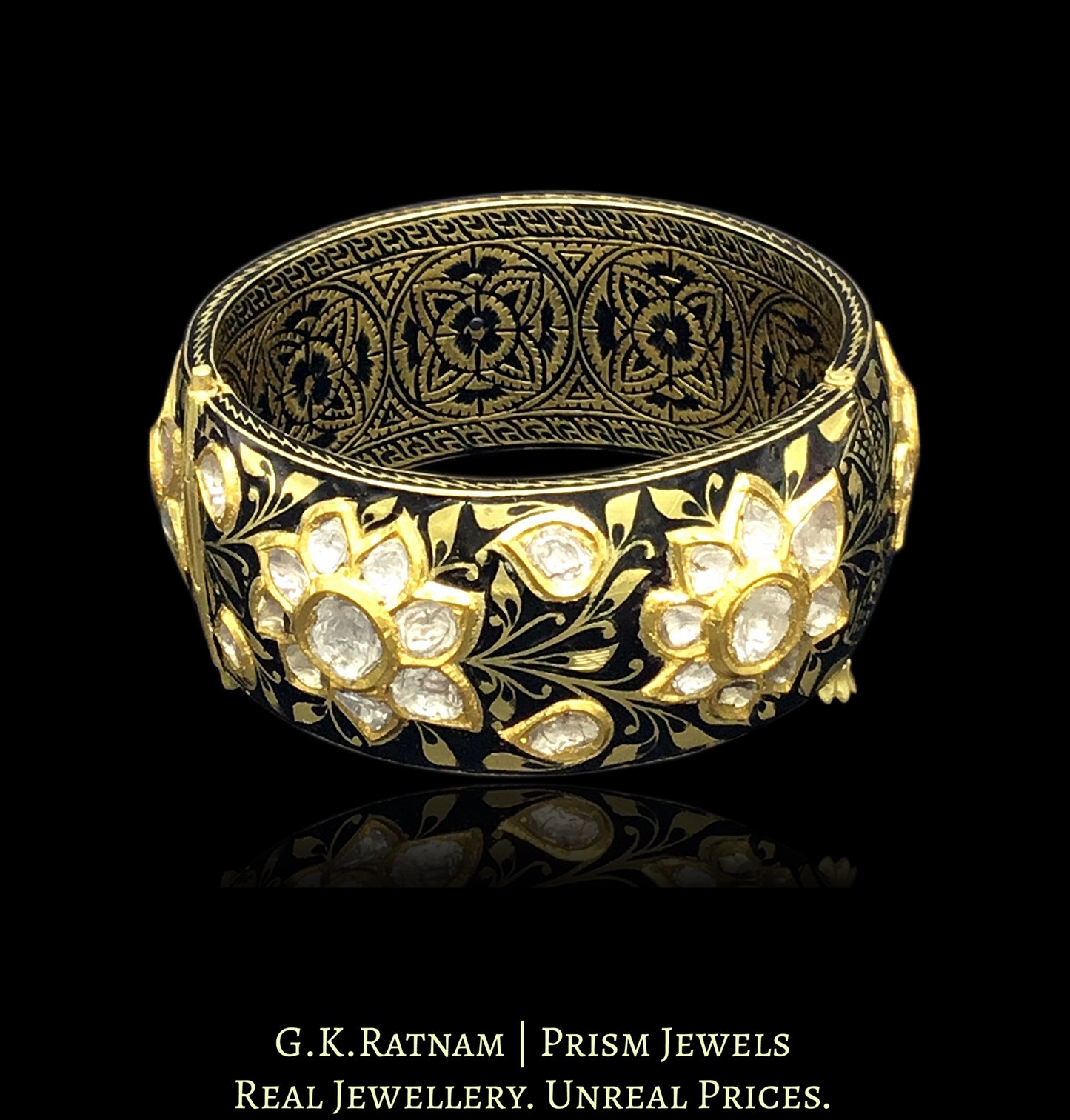 22k Gold and Diamond Polki Bangle with Black Enamel