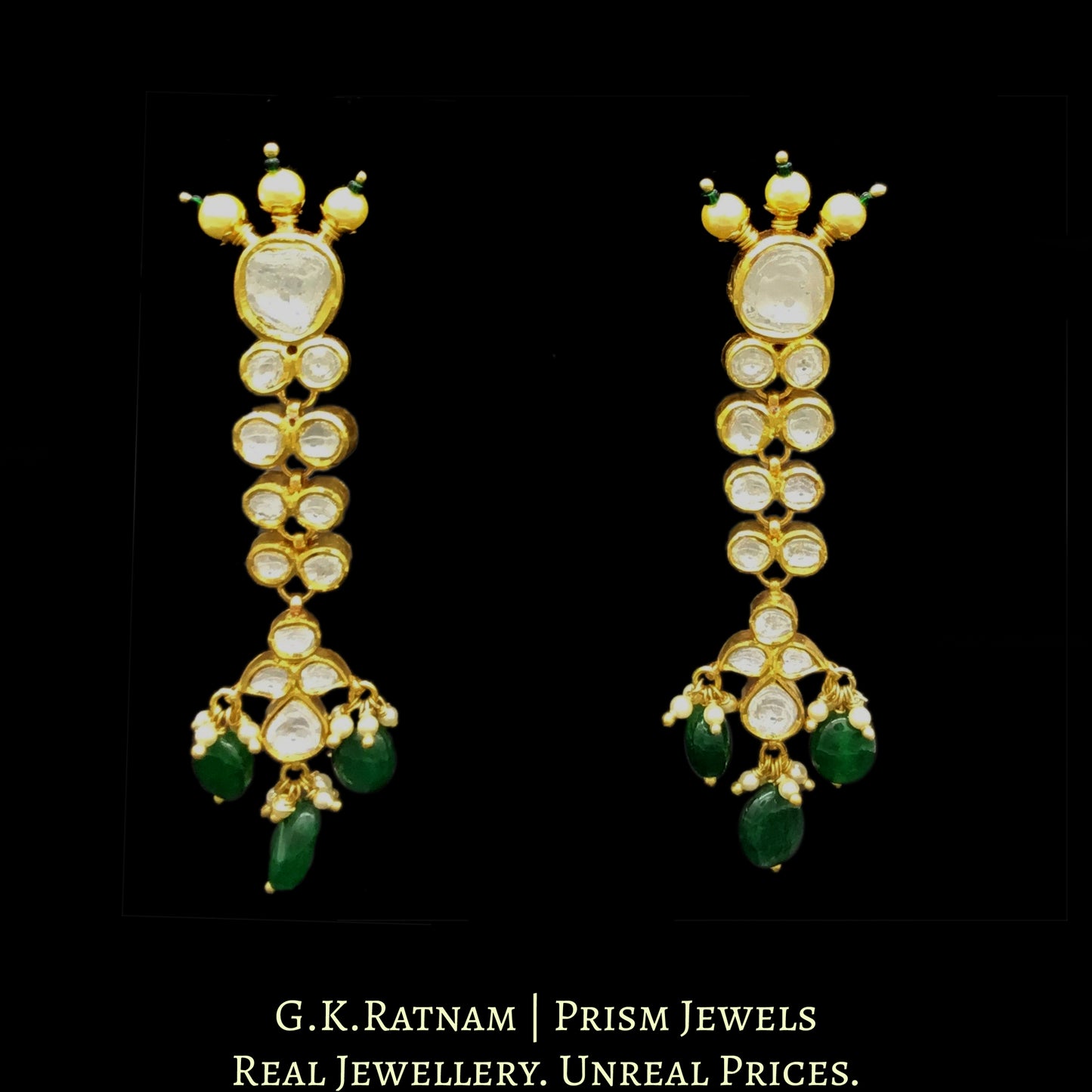18k Gold and Diamond Polki Choker Necklace Set with cascading uncut drops and emerald-grade green beryls