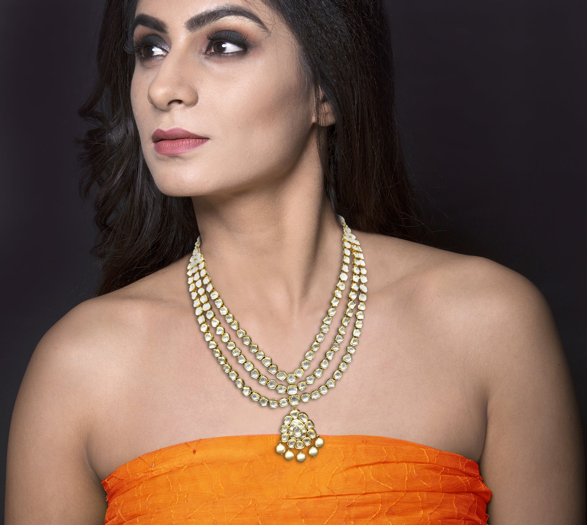18k Gold and Diamond Polki three liner Necklace Set with mix-shaped uncut elements - G. K. Ratnam