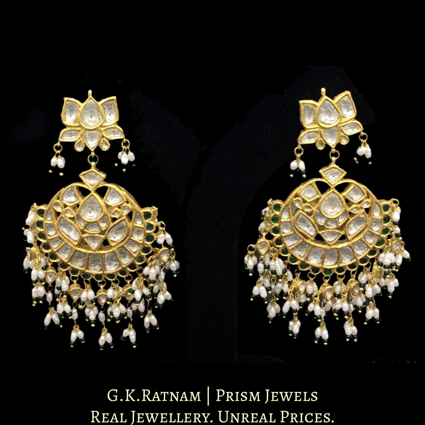 18k Gold and Diamond Polki Choker Necklace Set with Lotus Motifs enhanced in Natural Freshwater Rice Pearls - G. K. Ratnam