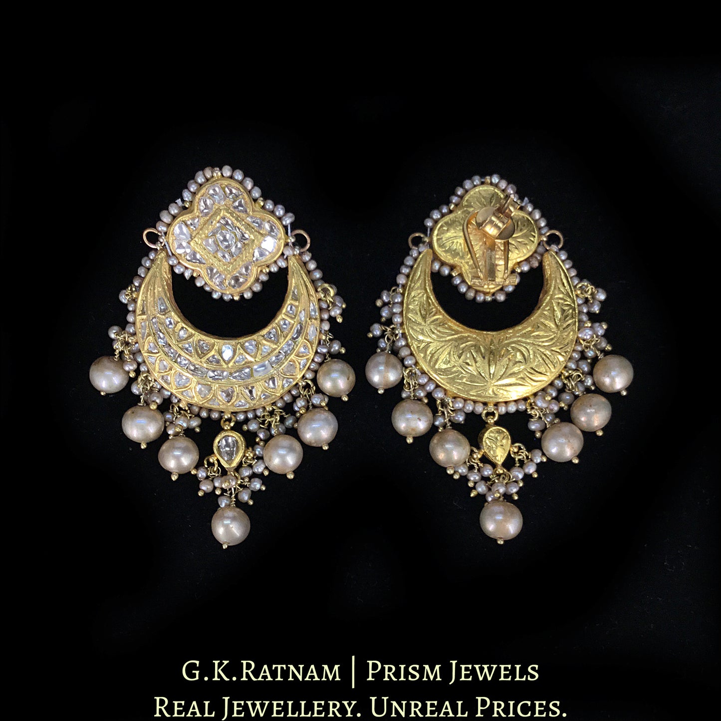 23k Gold and Diamond Polki Chand Bali Earring Pair strung with Antiqued Freshwater Pearls