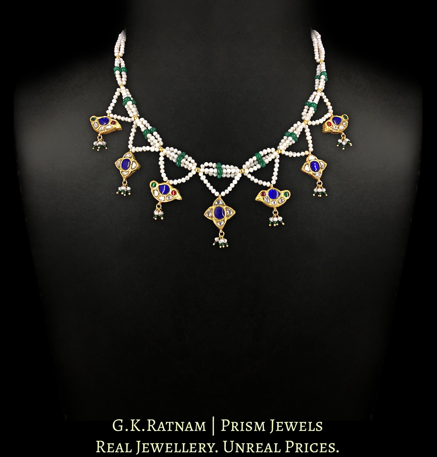 23K Gold and Diamond Polki Necklace Set with bird motifs strung in Natural Freshwater Pearls & Beryls