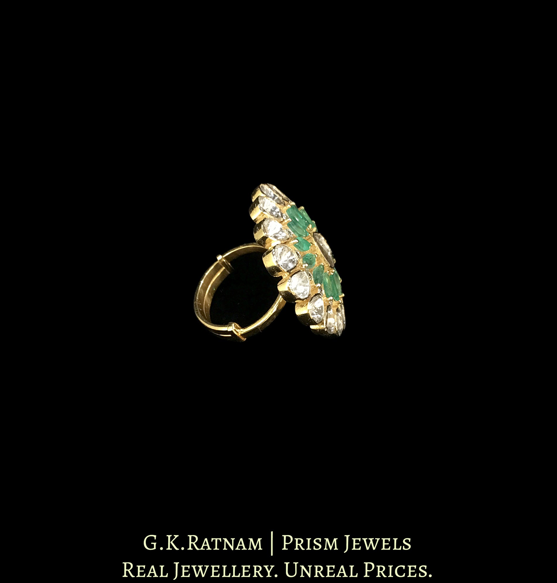 14k Gold and Diamond Polki Open Setting Ring With Natural Emerald Marquises