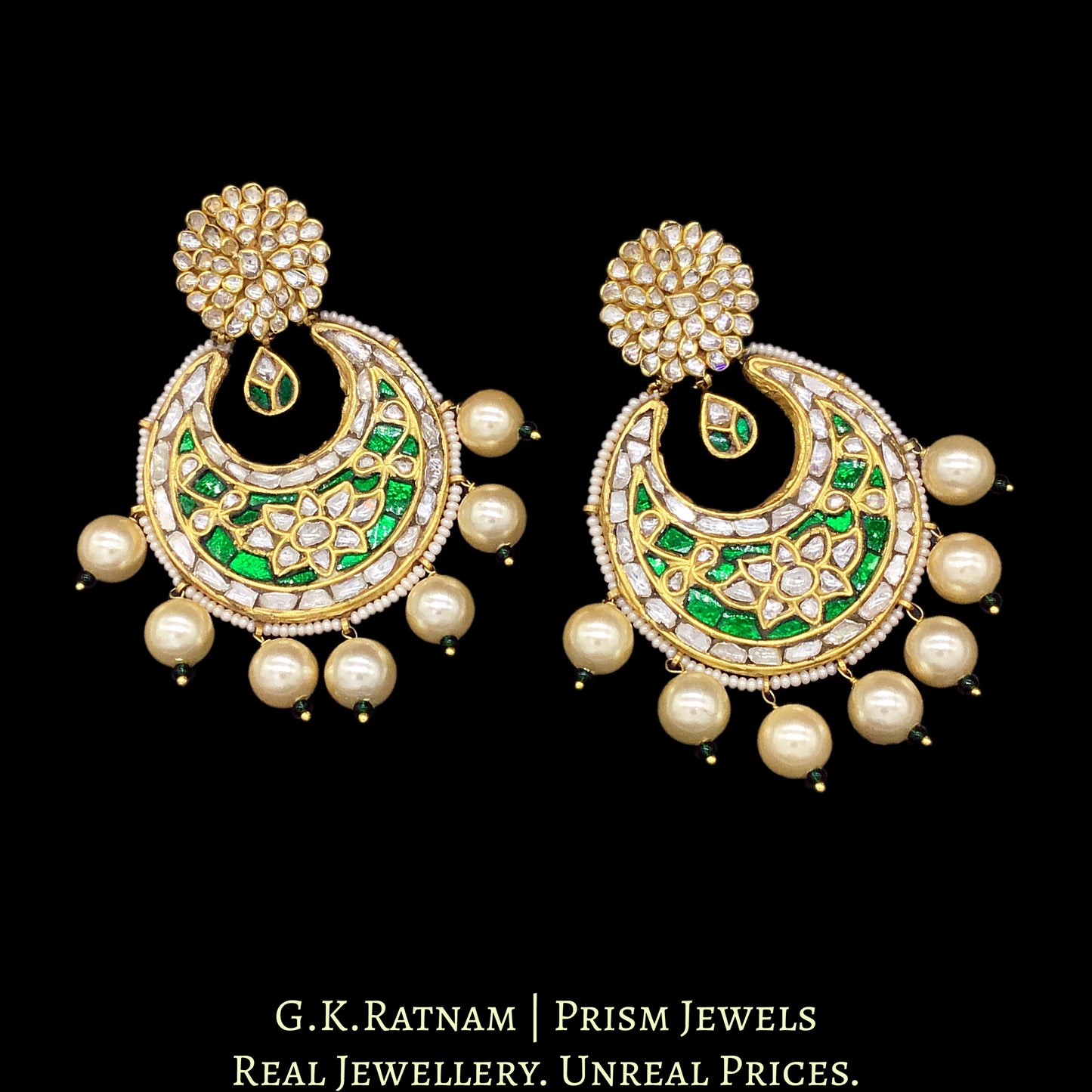 23k Gold and Diamond Polki Chand Bali Earring Pair with emerald-grade green stones - G. K. Ratnam