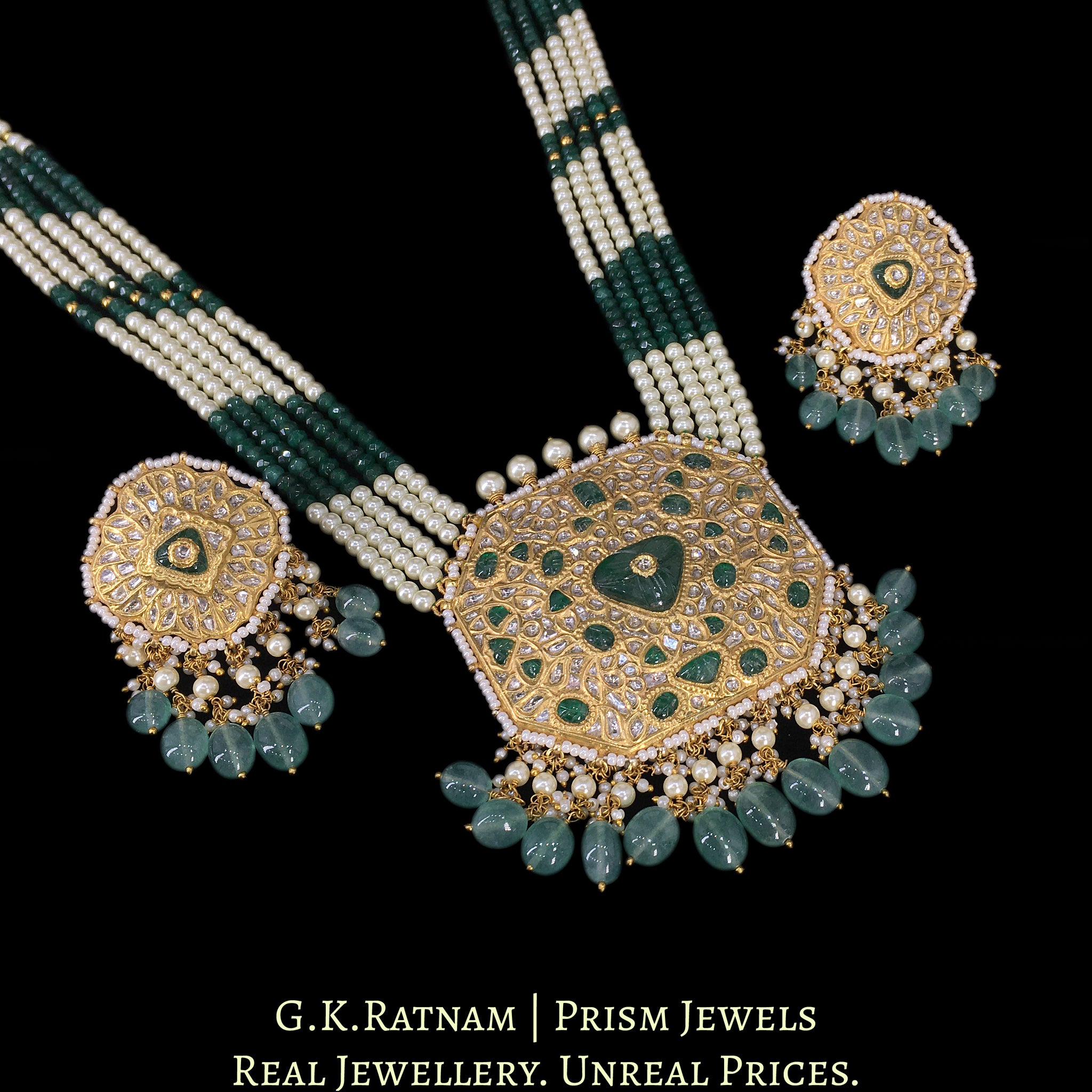 23k Gold and Diamond Polki Octagonal Pendant Set with emerald-green carved stone center