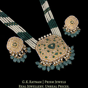 23k Gold and Diamond Polki Octagonal Pendant Set with emerald-green carved stone center