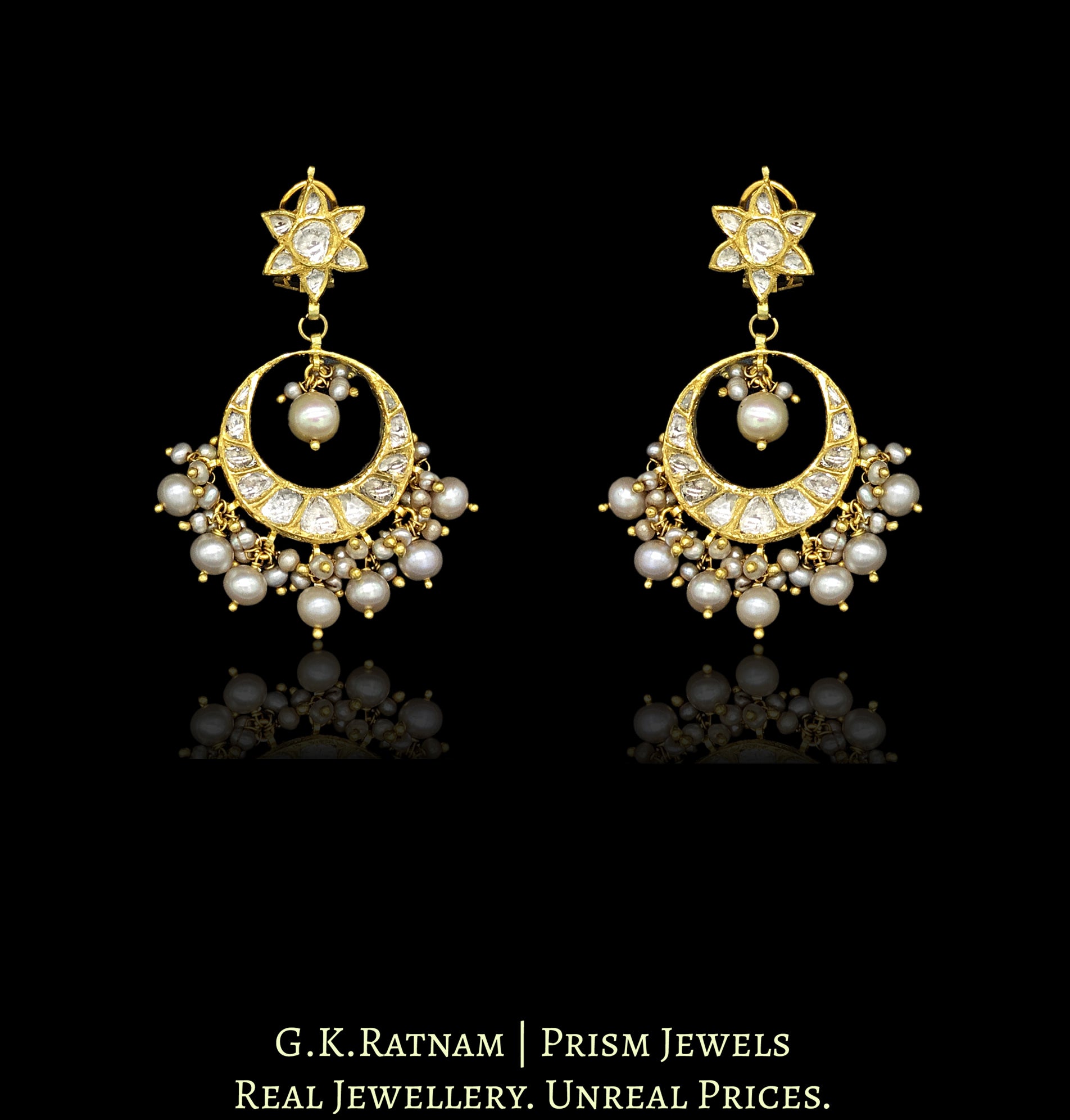 18k Gold and Diamond Polki Chand Bali Earrings with antiqued natural freshwater pearls - G. K. Ratnam