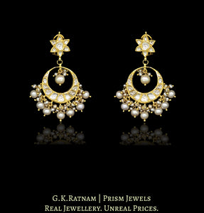 18k Gold and Diamond Polki Chand Bali Earrings with antiqued natural freshwater pearls - G. K. Ratnam