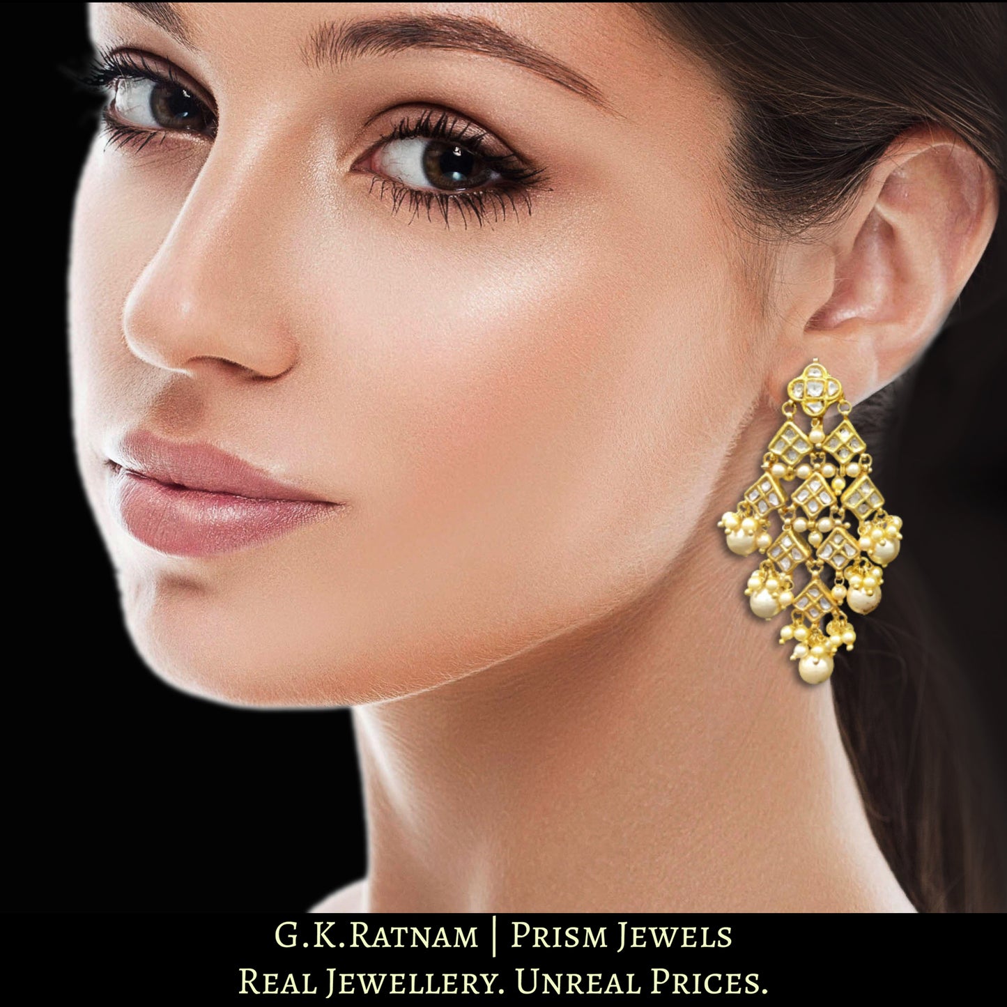 23k Gold and Diamond Polki kite-shaped Chandelier Earring Pair