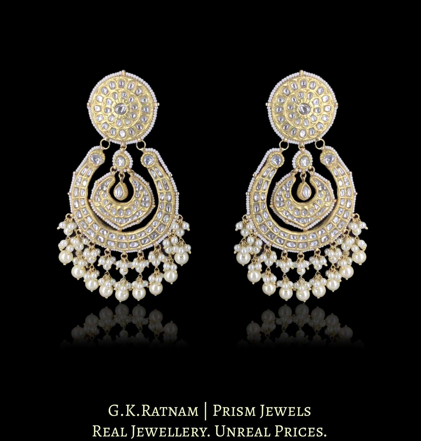 23k Gold and Diamond Polki Chand Bali Earring Pair