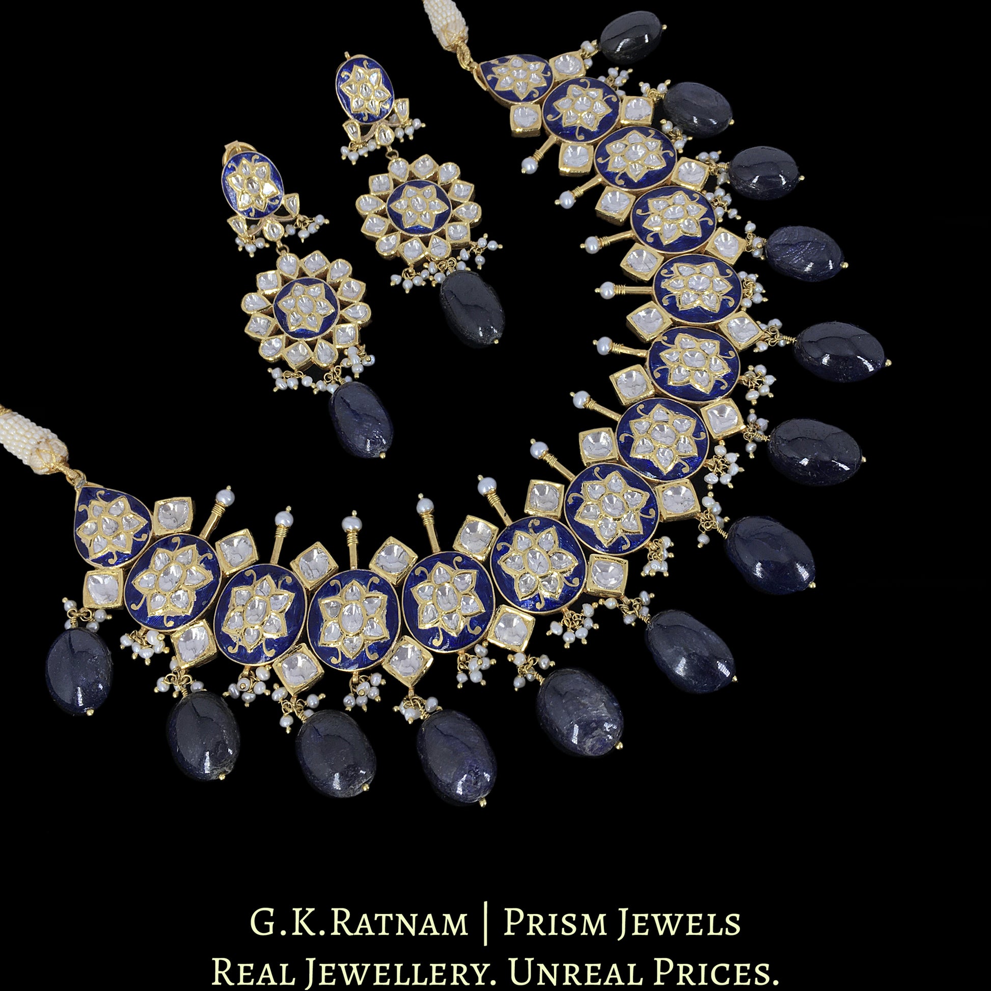 18k Gold and Diamond Polki Necklace Set with intricate Blue Pottery - G. K. Ratnam