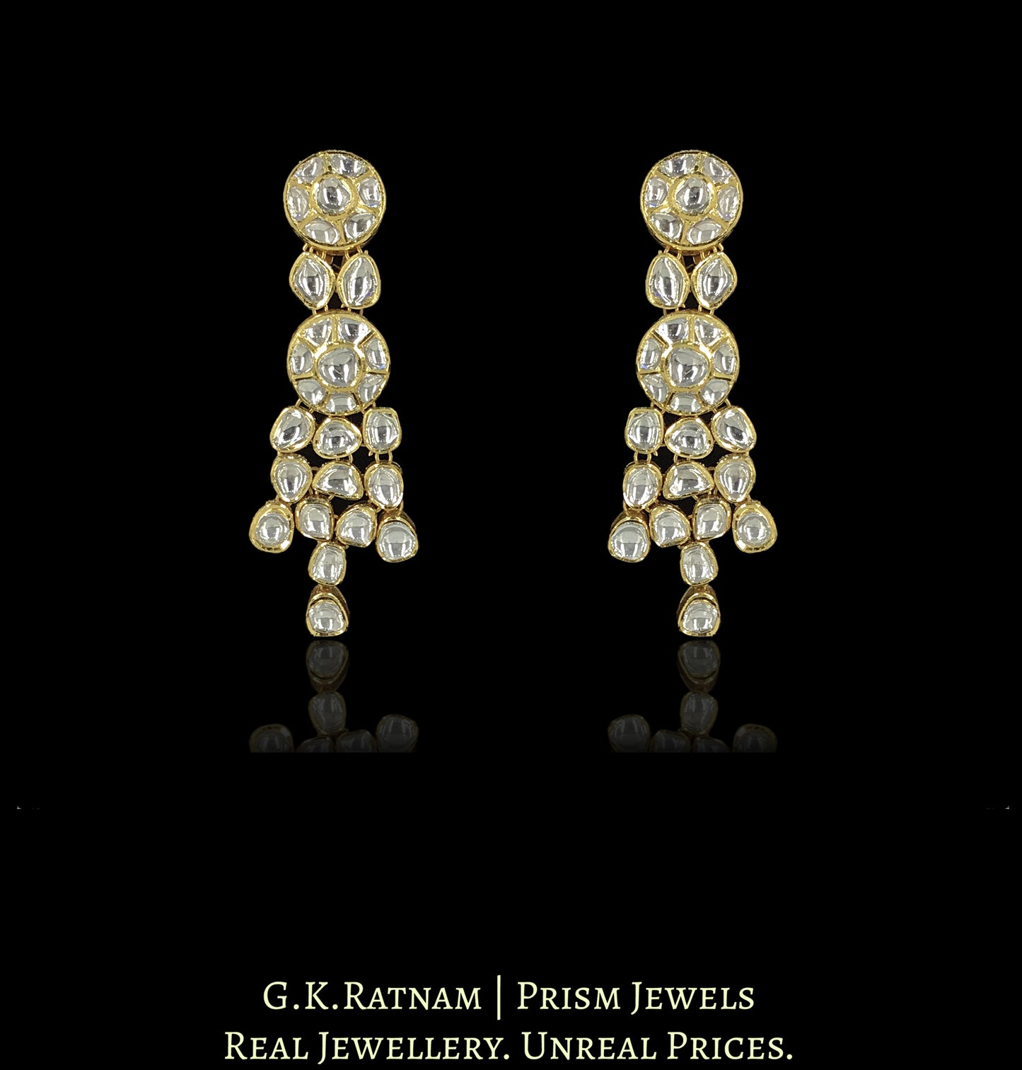 18k Gold and Diamond Polki three liner Long Necklace Set with mix-shaped uncut elements