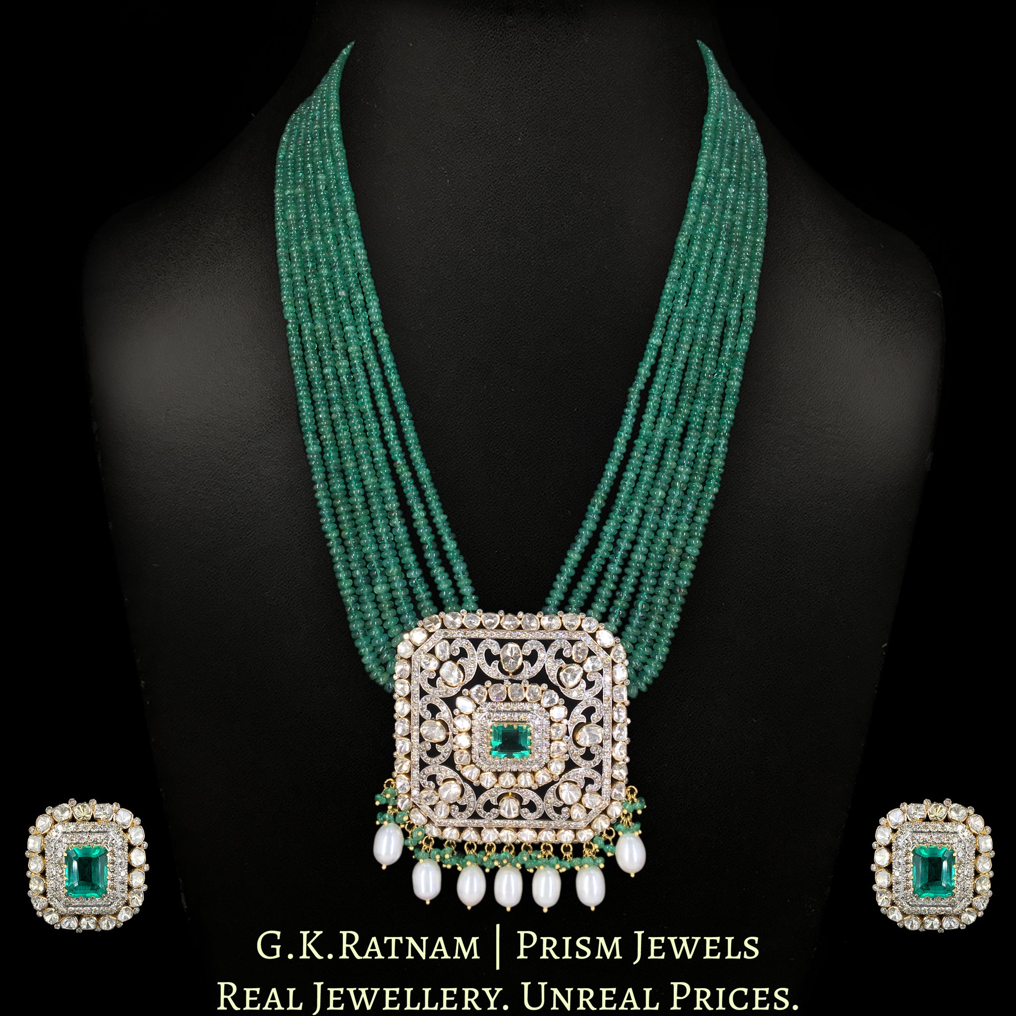 18k Gold and Diamond Polki Open Setting Pendant Set strung in Natural Emerald Beads