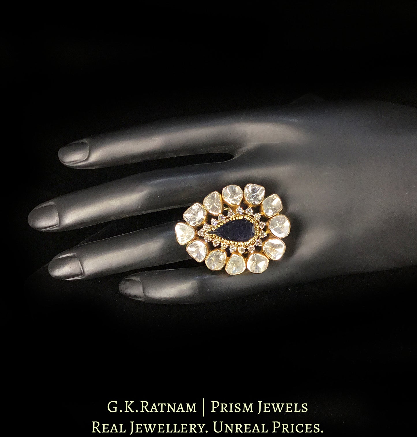 18k Gold and Diamond Polki Open Setting Ring With changeable collets for Rubies, Blue Sapphires and Green Beryls