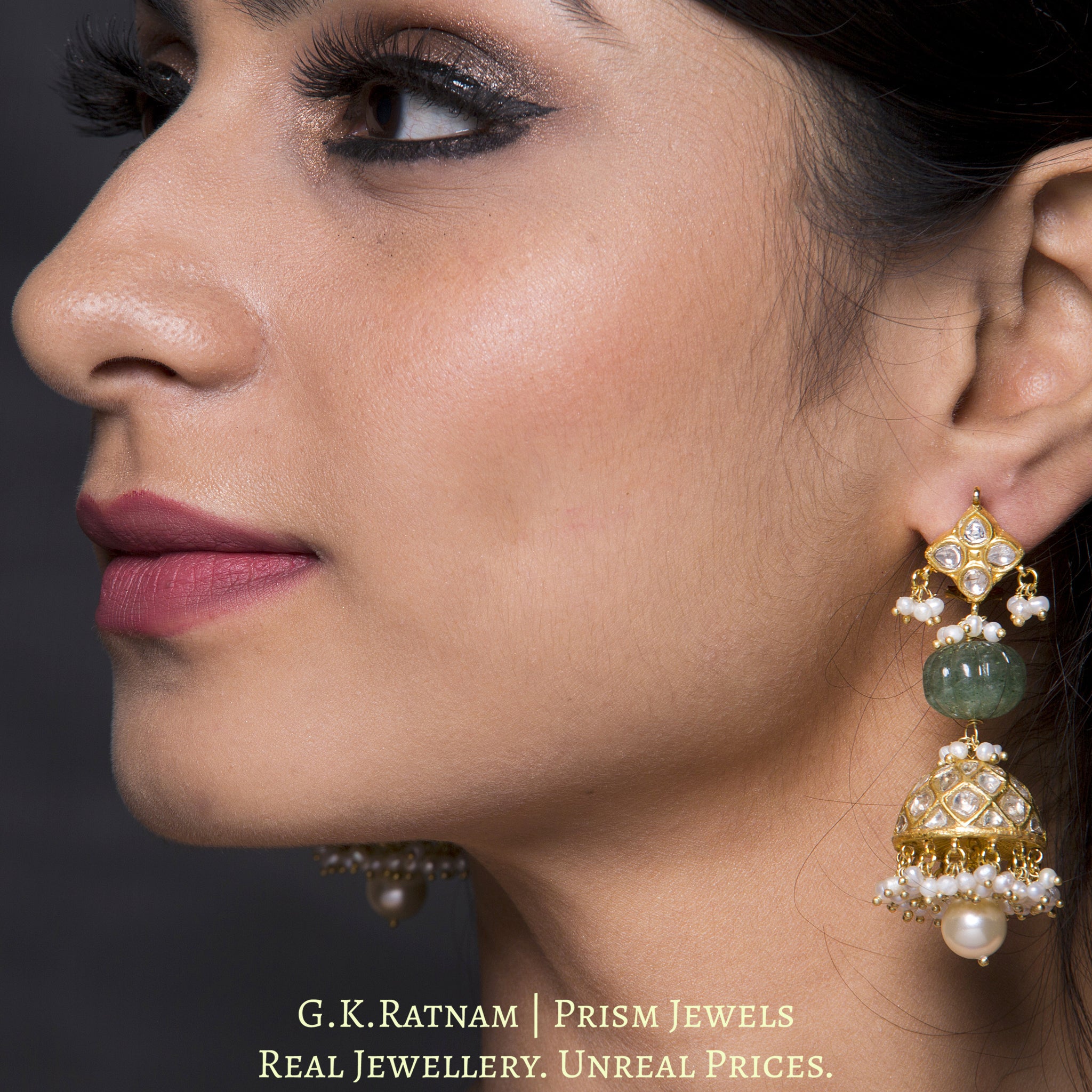 23k Gold and Diamond Polki Jhumki Earring Pair with Aventurine Quartz melons and natural hyderabadi pearls