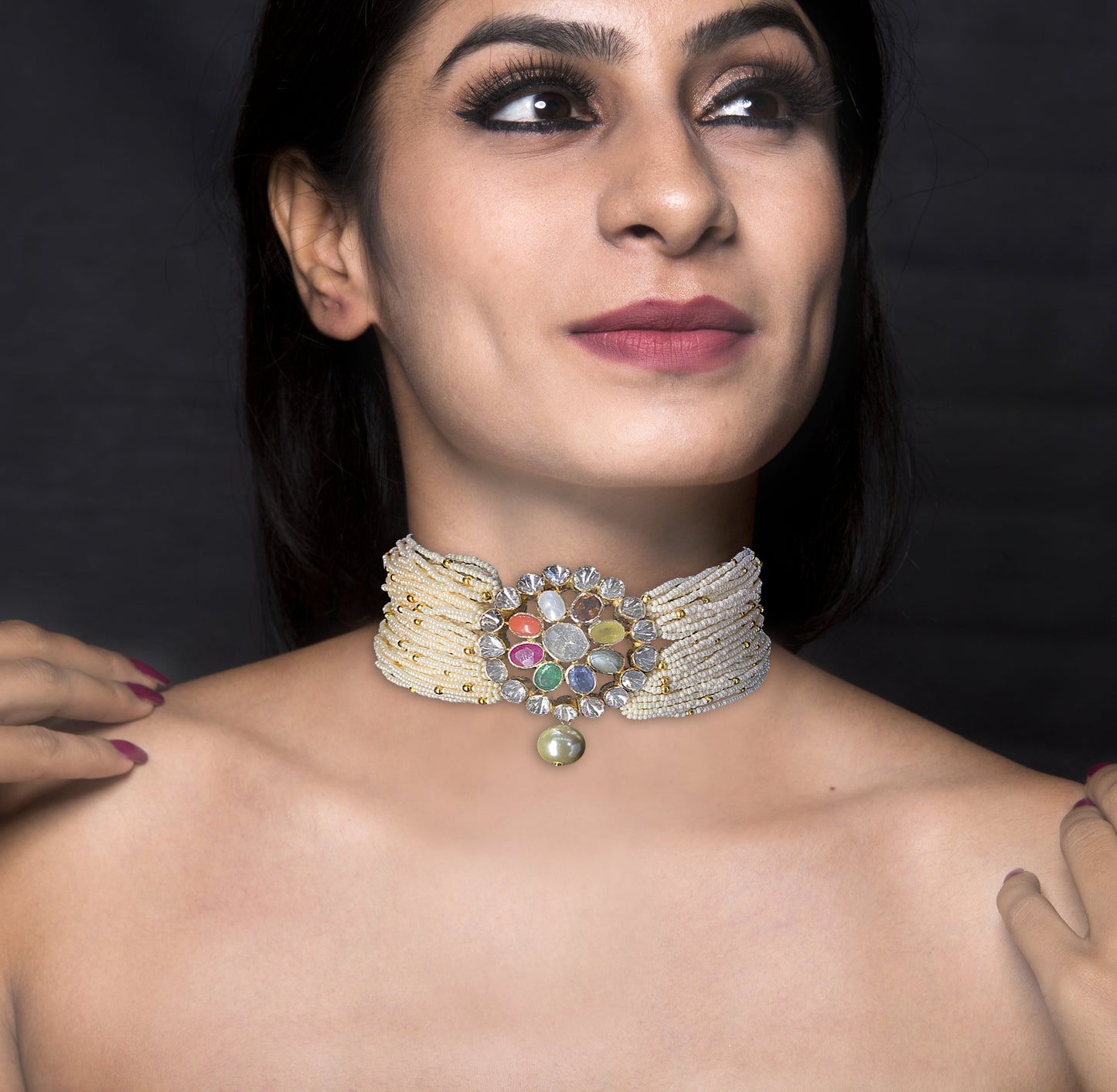 18k Gold and Diamond Polki Open Setting Navratna Choker Necklace with Chid Bunches