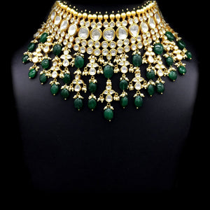18k Gold and Diamond Polki Choker Necklace Set with cascading uncut drops and emerald-grade green beryls