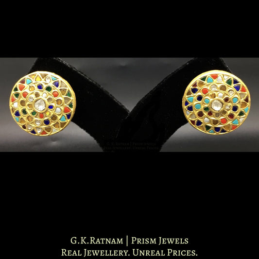 23k Gold and Diamond Polki Round Navratna Karanphool Earring Pair