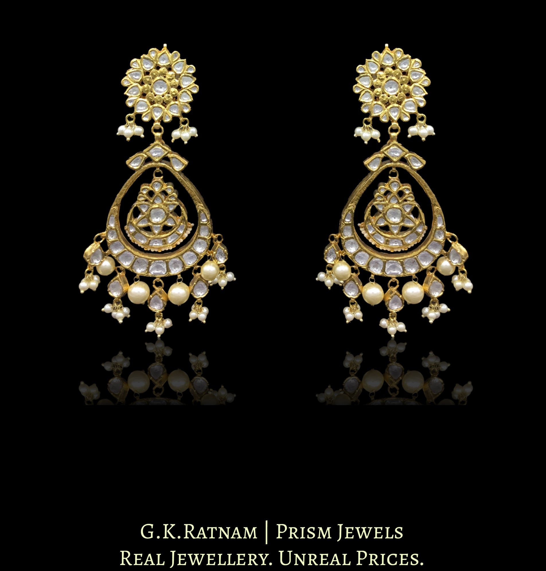 Traditional Gold and Diamond Polki Chand Bali Earring Pair with triple-coated shell pearls