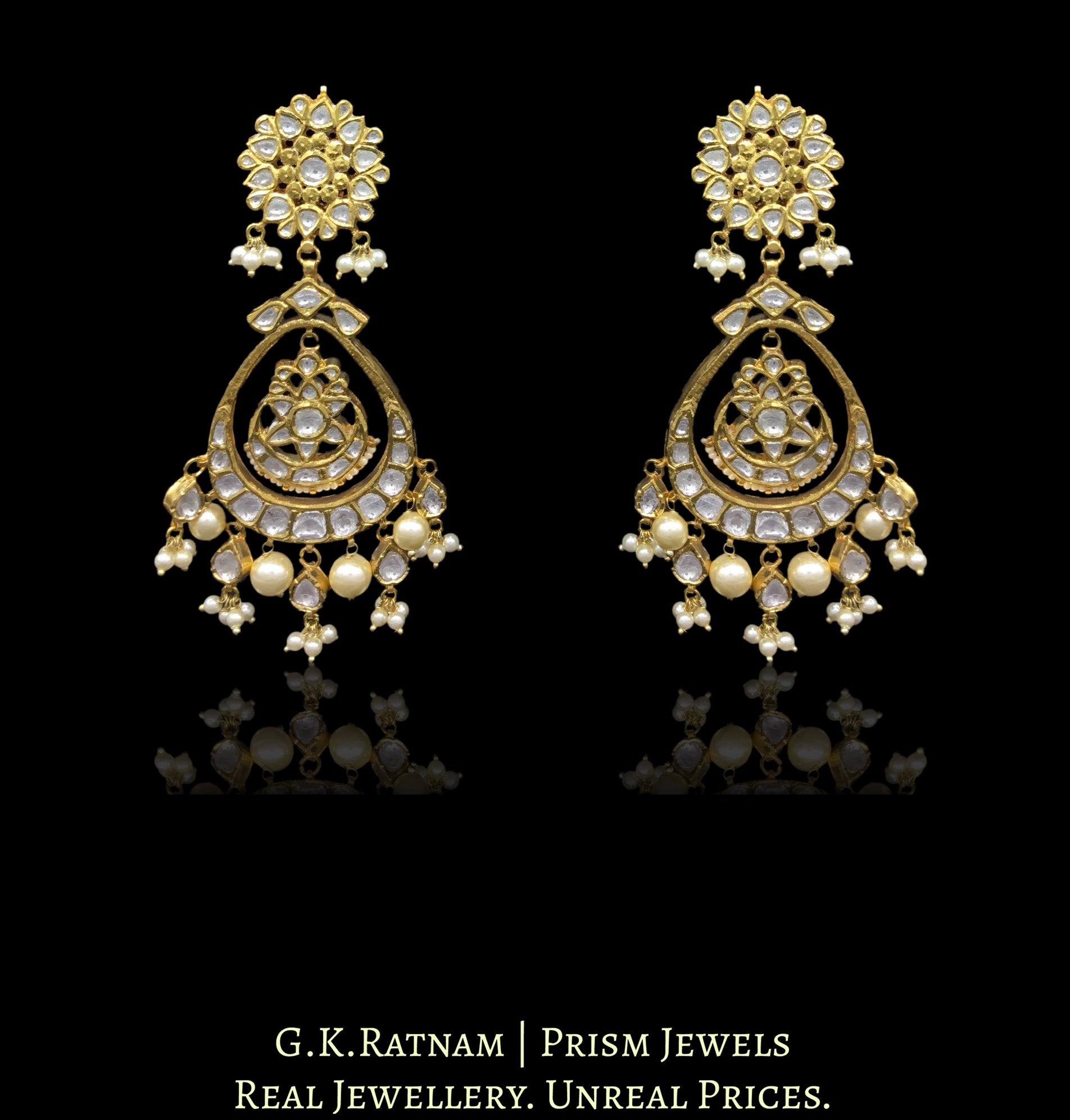 Traditional Gold and Diamond Polki Chand Bali Earring Pair with triple-coated shell pearls - G. K. Ratnam