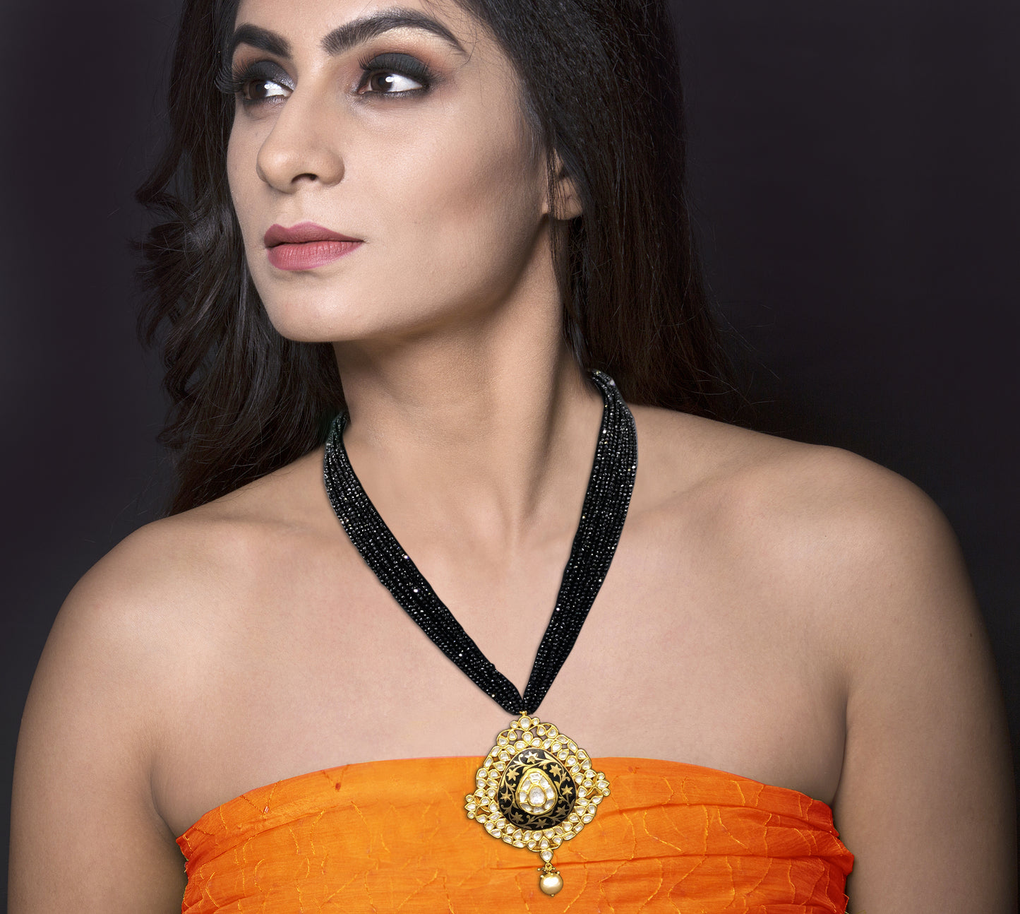18k Gold and Diamond Polki Pendant Set with elegant black enamelling - G. K. Ratnam