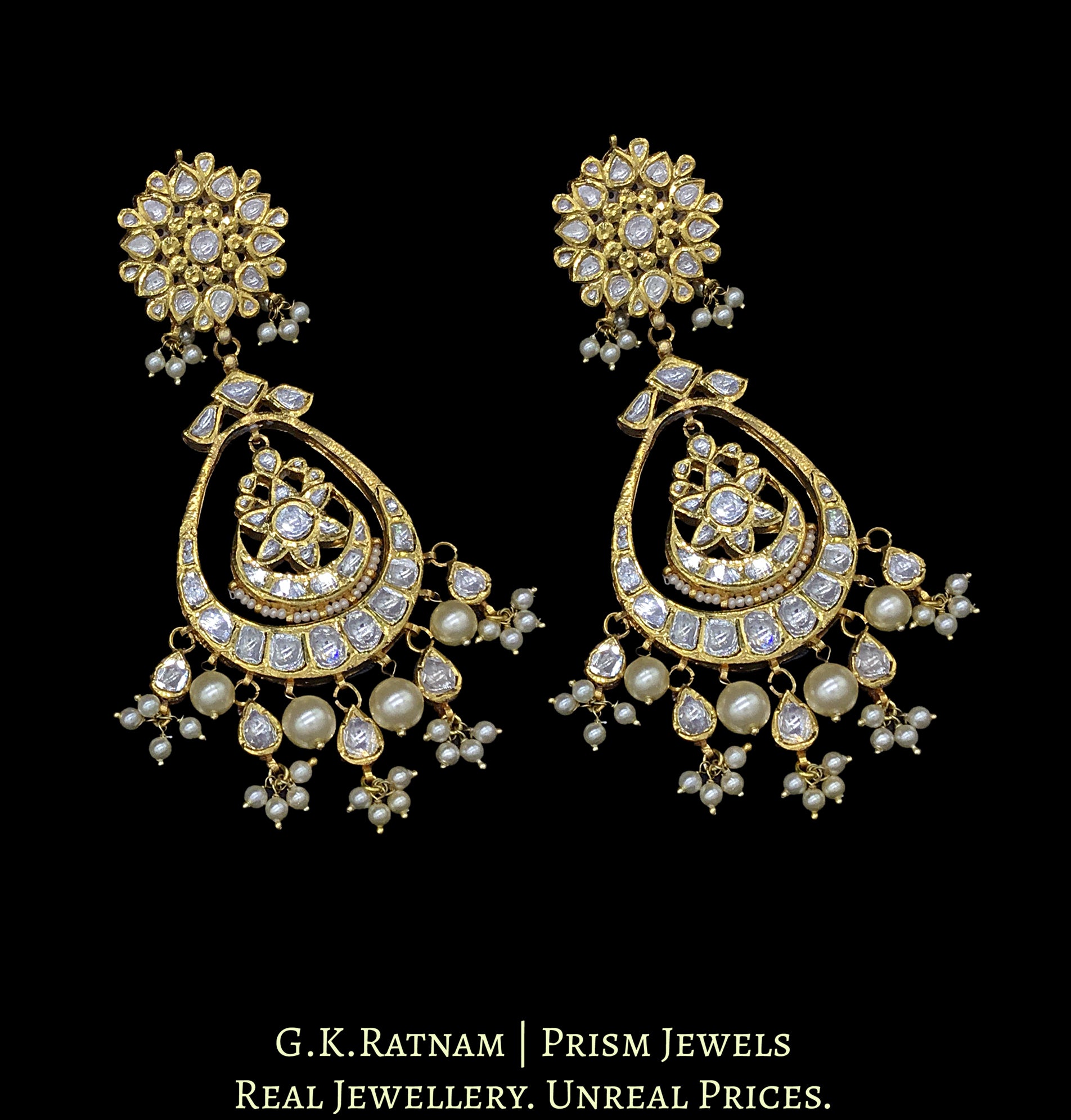 Traditional Gold and Diamond Polki Chand Bali Earring Pair with triple-coated shell pearls - G. K. Ratnam