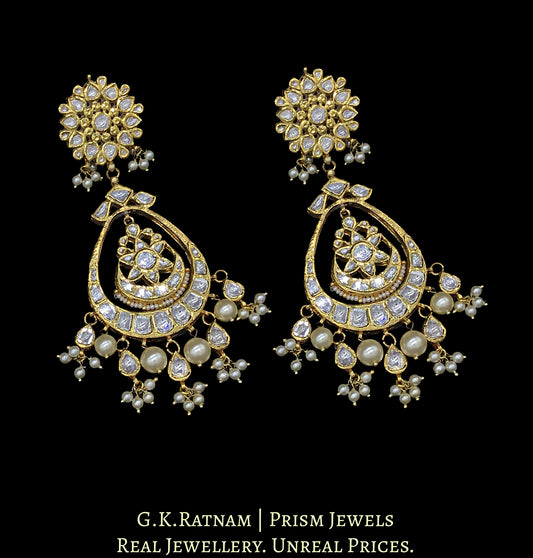 Traditional Gold and Diamond Polki Chand Bali Earring Pair with triple-coated shell pearls - G. K. Ratnam