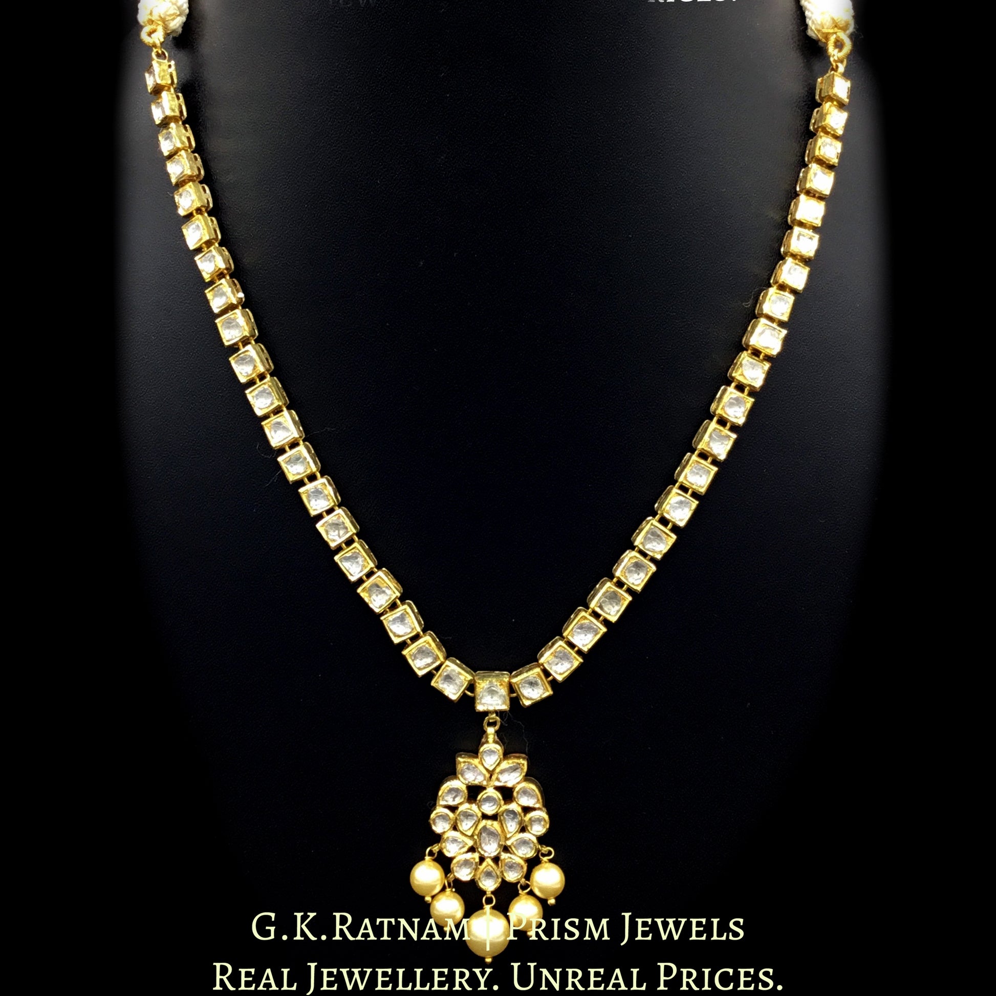 Traditional Gold and Diamond Polki Single Line Necklace Set (square) - G. K. Ratnam