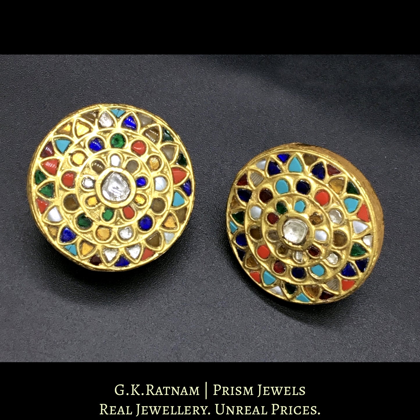 23k Gold and Diamond Polki Round Navratna Karanphool Earring Pair