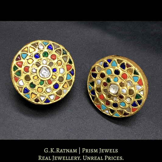 23k Gold and Diamond Polki Round Navratna Karanphool Earring Pair