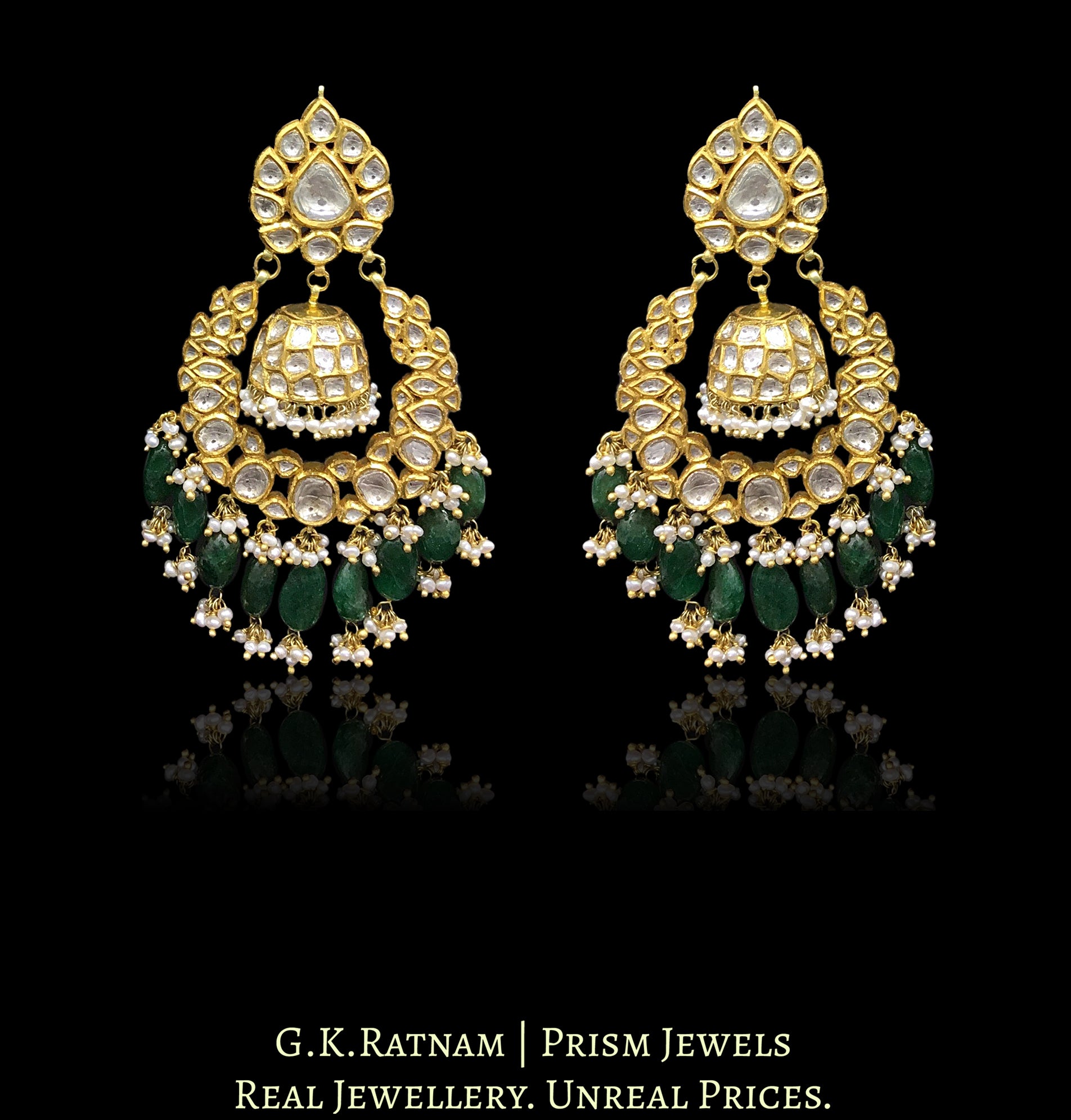 18k Gold and Diamond Polki Chand Bali and Jhumki Earring Pair with Natural Emeralds