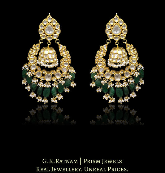 18k Gold and Diamond Polki Chand Bali and Jhumki Earring Pair with Natural Emeralds