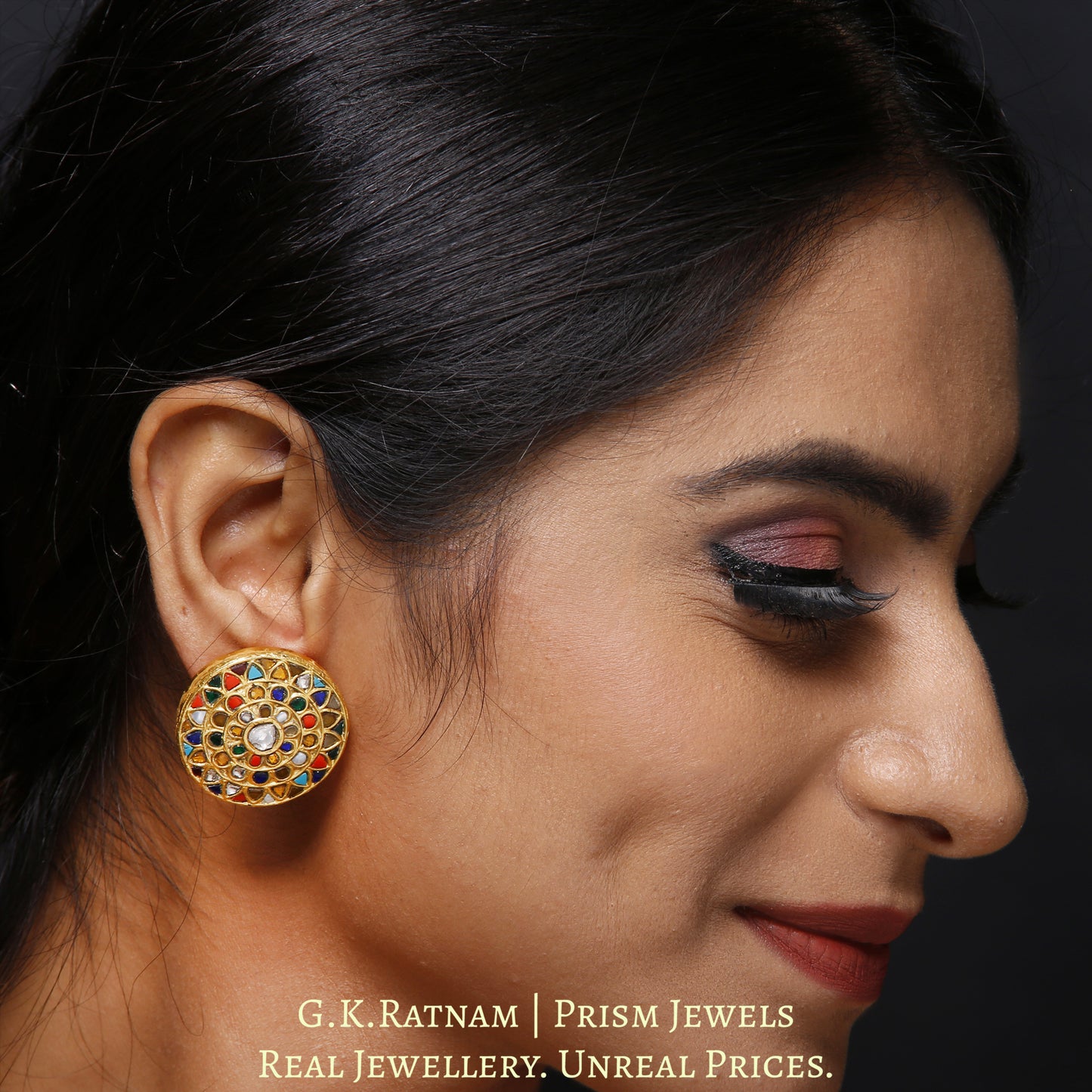 23k Gold and Diamond Polki Round Navratna Karanphool Earring Pair