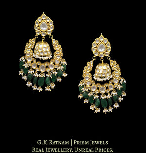 18k Gold and Diamond Polki Chand Bali and Jhumki Earring Pair with Natural Emeralds