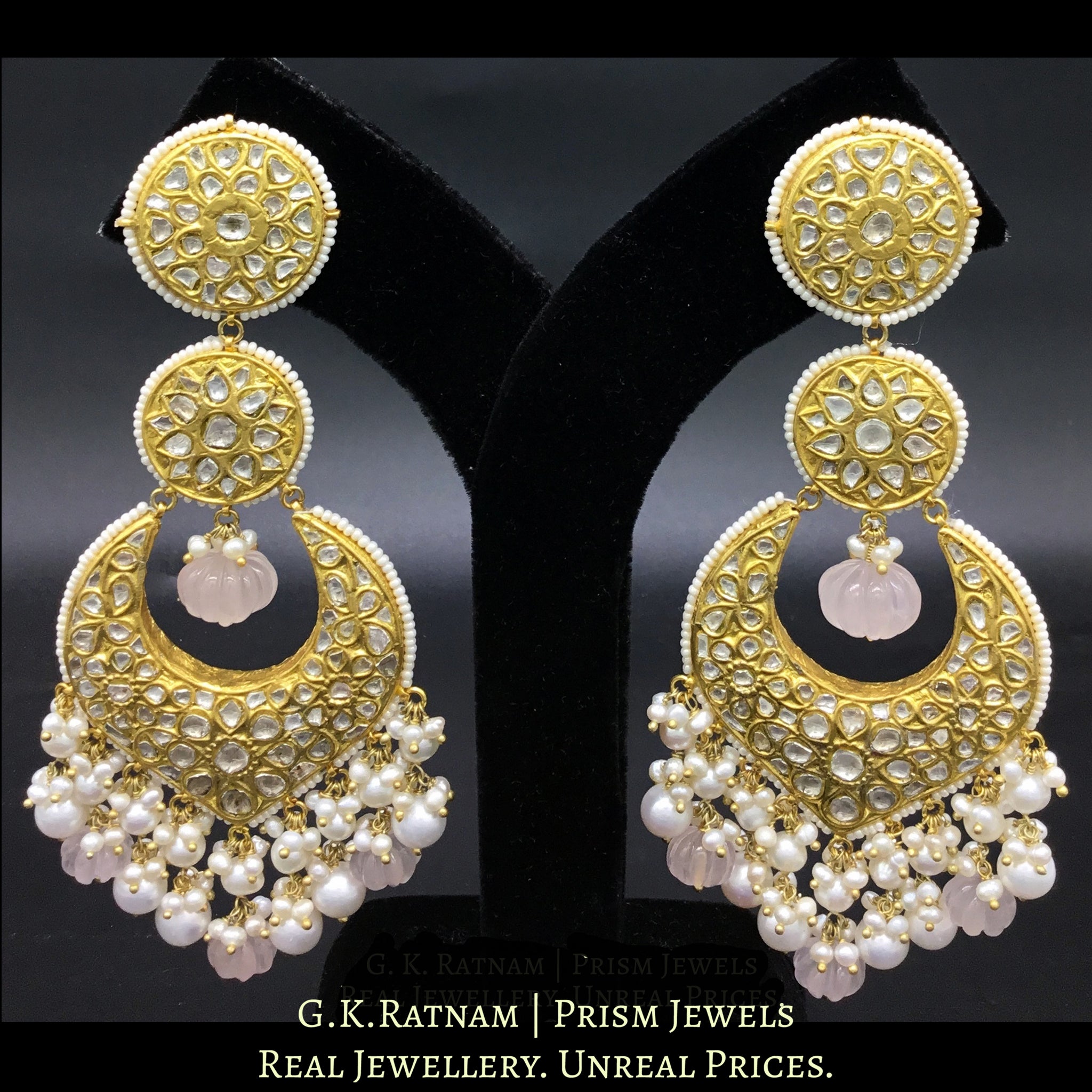 23k Gold and Diamond Polki Long Chand Bali Earring Pair with Rose Quartz Beads and Hyderabadi Pearls