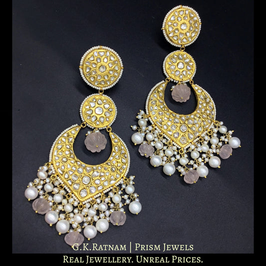 23k Gold and Diamond Polki Long Chand Bali Earring Pair with Rose Quartz Beads and Hyderabadi Pearls