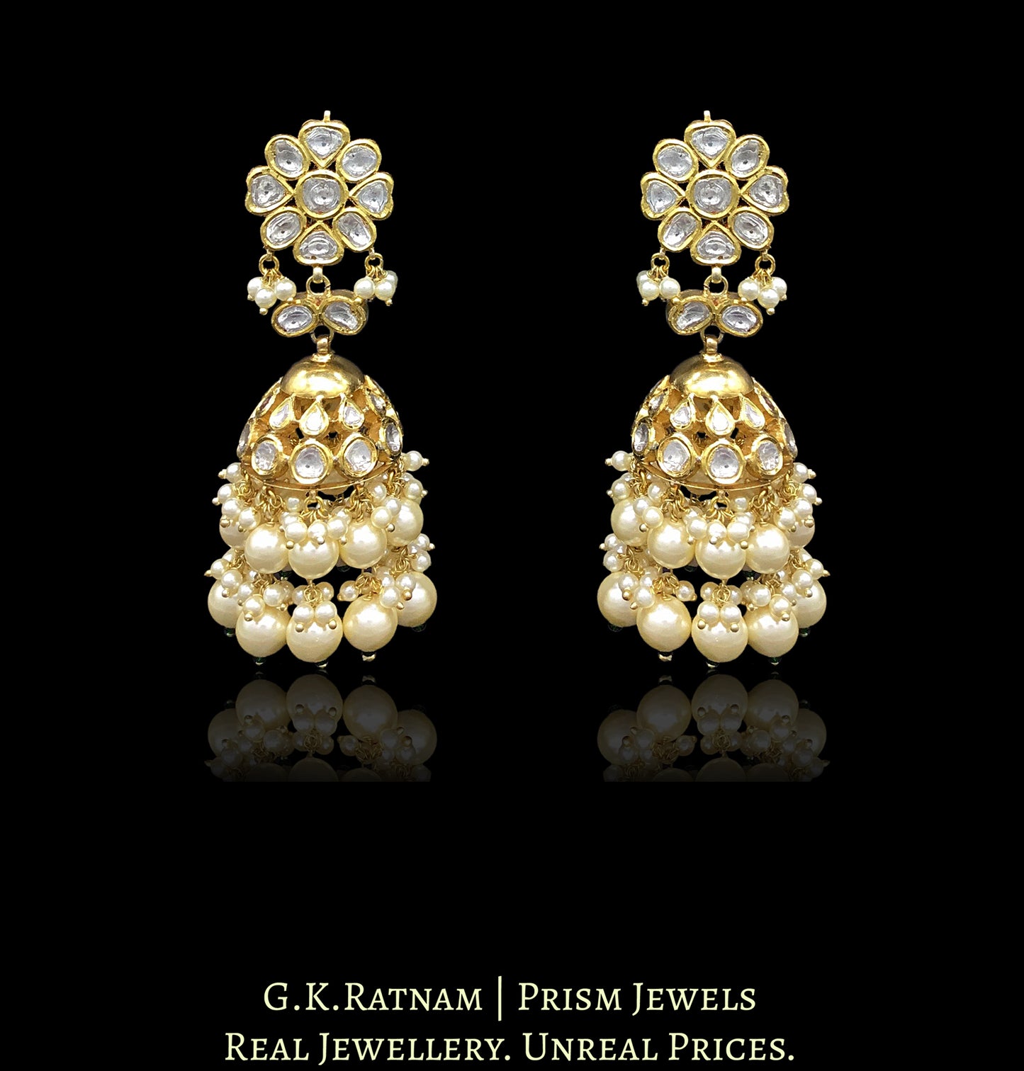 Traditional Gold and Diamond Polki Jhumki Earring Pair with triple-coated shell pearls - G. K. Ratnam