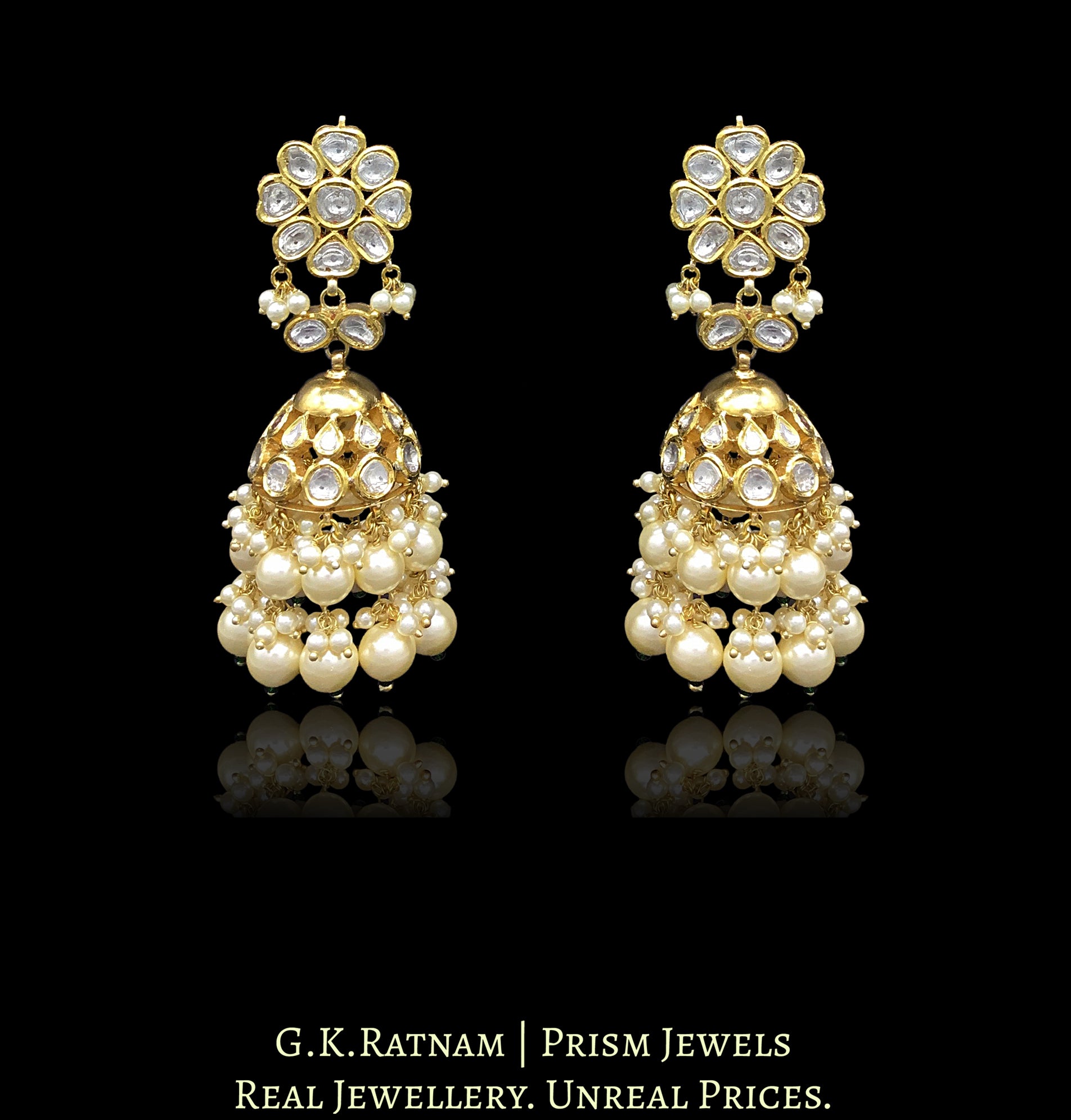 Traditional Gold and Diamond Polki Jhumki Earring Pair with triple-coated shell pearls - G. K. Ratnam