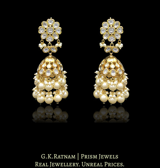 Traditional Gold and Diamond Polki Jhumki Earring Pair with triple-coated shell pearls - G. K. Ratnam