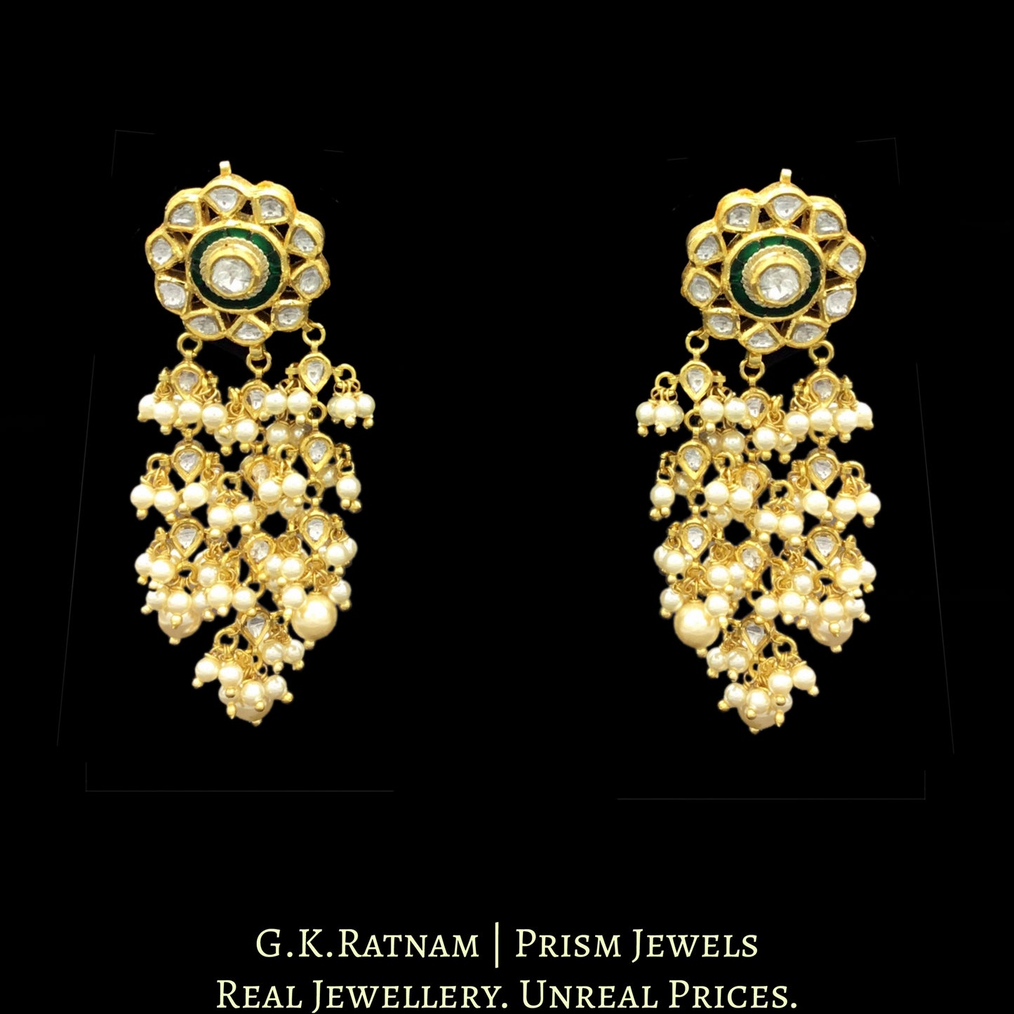 18k Gold and Diamond Polki green Choker Necklace Set with fish-shaped uncut hangings - G. K. Ratnam
