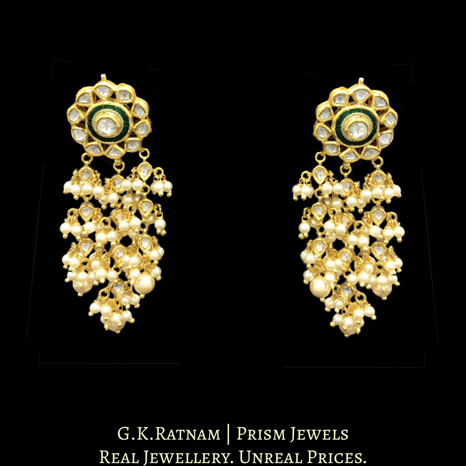 18k Gold and Diamond Polki green Choker Necklace Set with fish-shaped uncut hangings - G. K. Ratnam