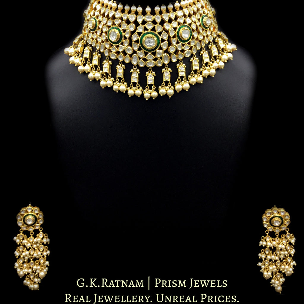 18k Gold and Diamond Polki green Choker Necklace Set with fish-shaped uncut hangings - G. K. Ratnam