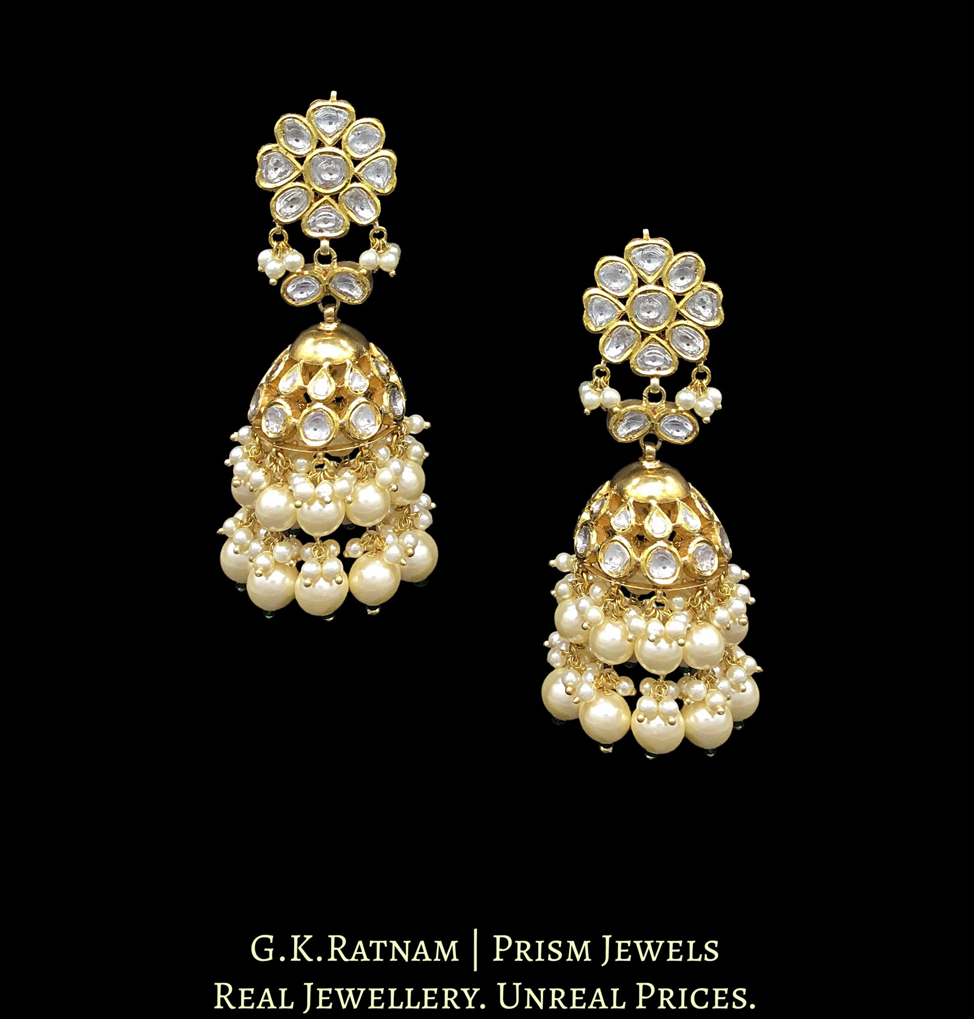 Traditional Gold and Diamond Polki Jhumki Earring Pair with triple-coated shell pearls - G. K. Ratnam