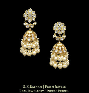 Traditional Gold and Diamond Polki Jhumki Earring Pair with triple-coated shell pearls