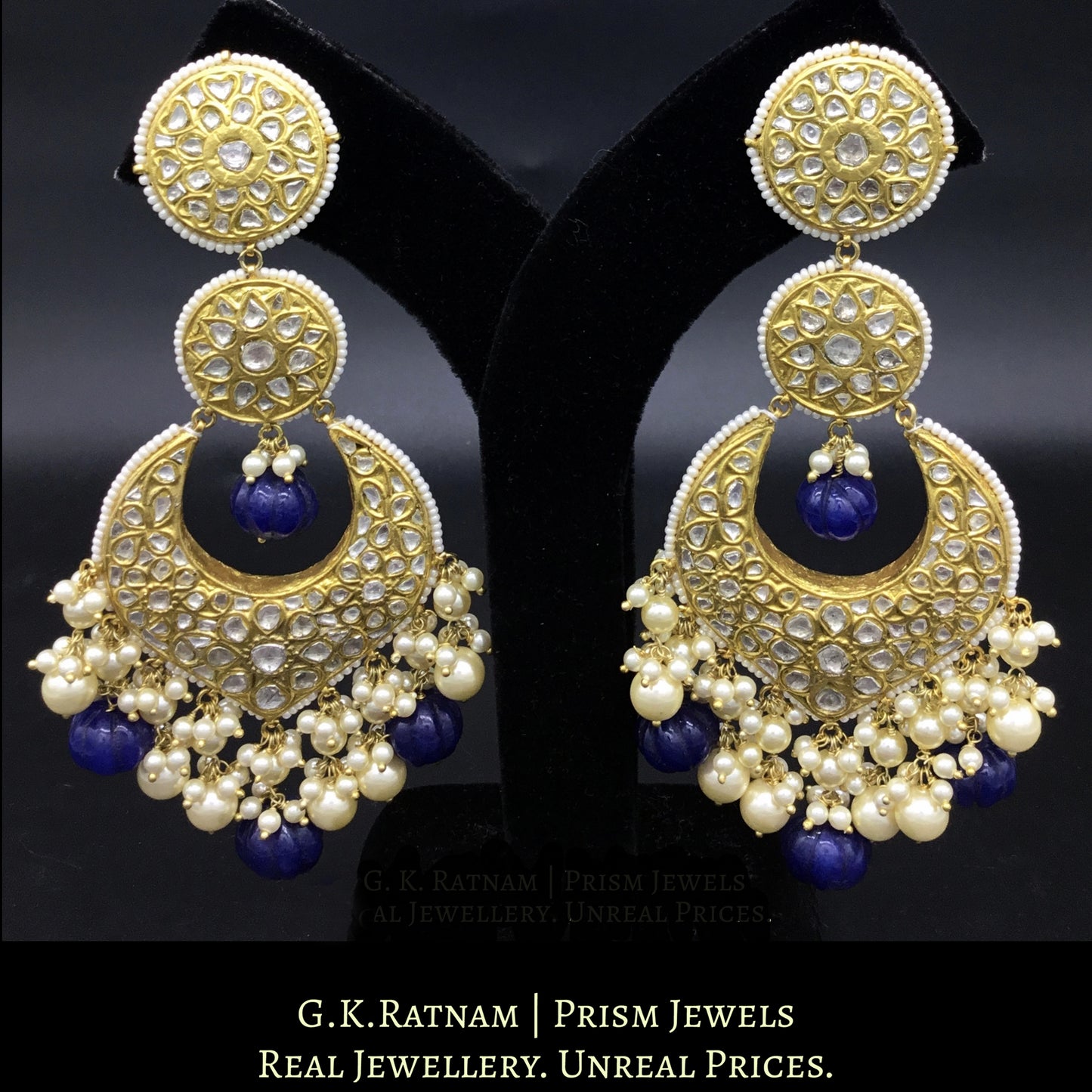 23k Gold and Diamond Polki Long Chand Bali Earring Pair with Rose Quartz Beads and Hyderabadi Pearls