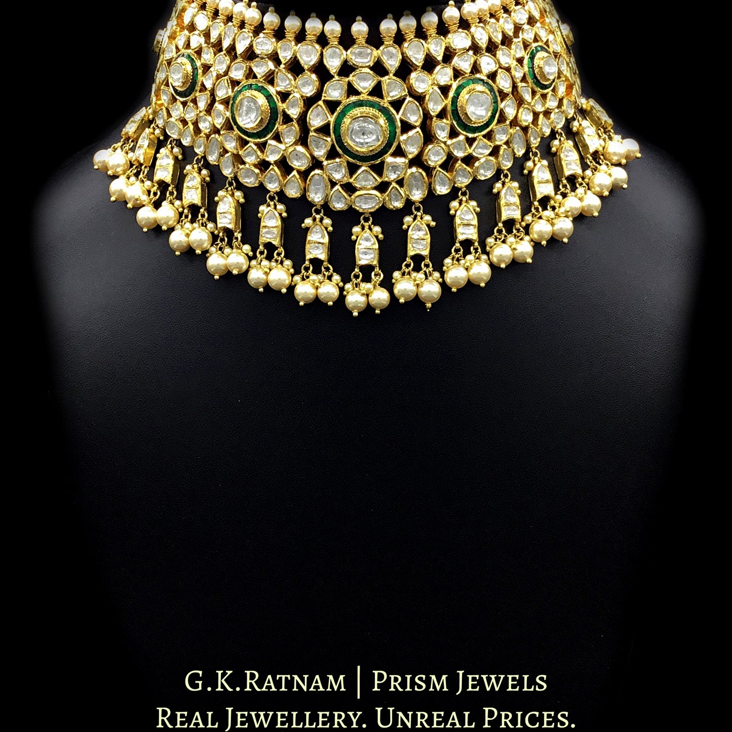 18k Gold and Diamond Polki green Choker Necklace Set with fish-shaped uncut hangings - G. K. Ratnam