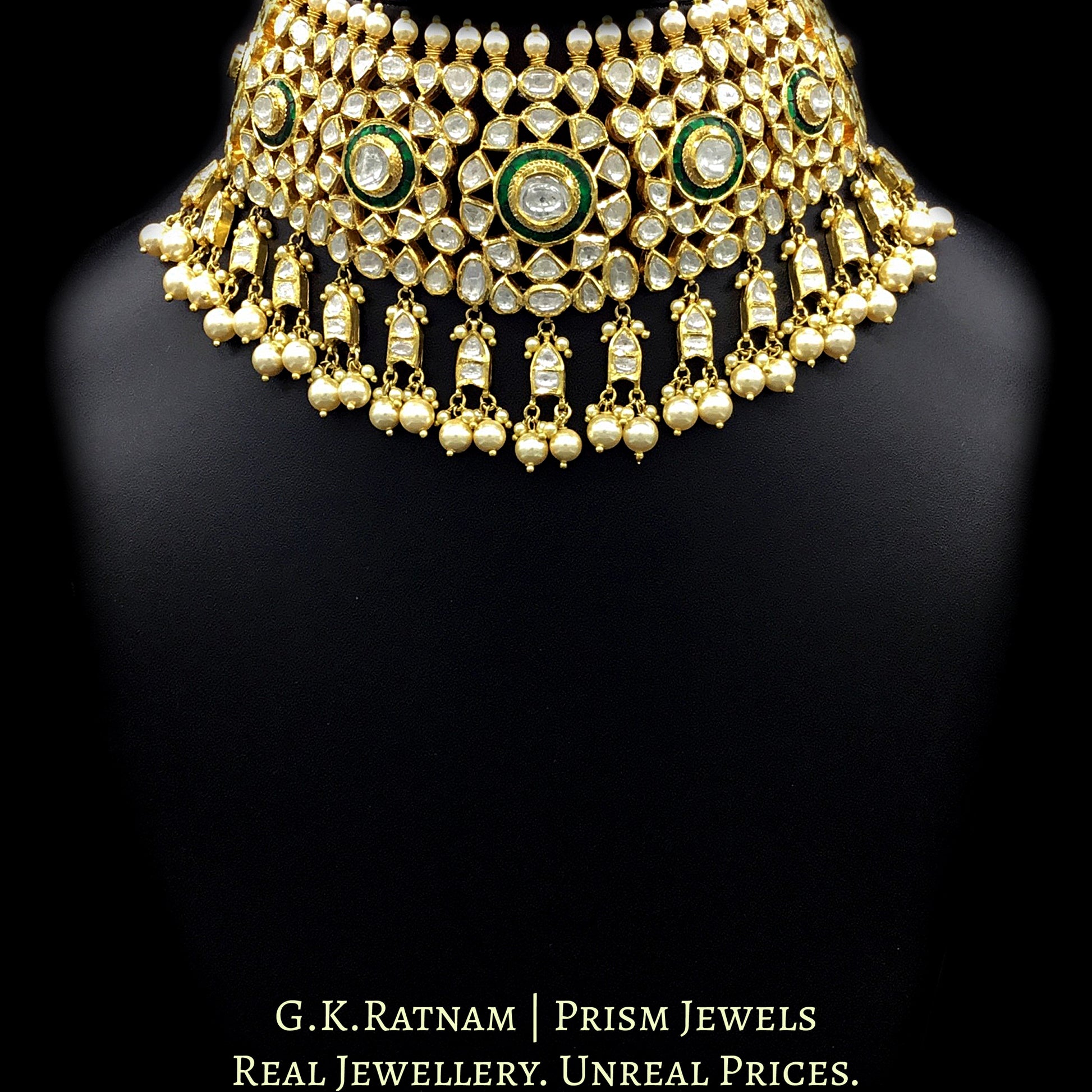 18k Gold and Diamond Polki green Choker Necklace Set with fish-shaped uncut hangings - G. K. Ratnam