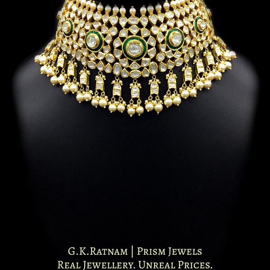 18k Gold and Diamond Polki green Choker Necklace Set with fish-shaped uncut hangings - G. K. Ratnam