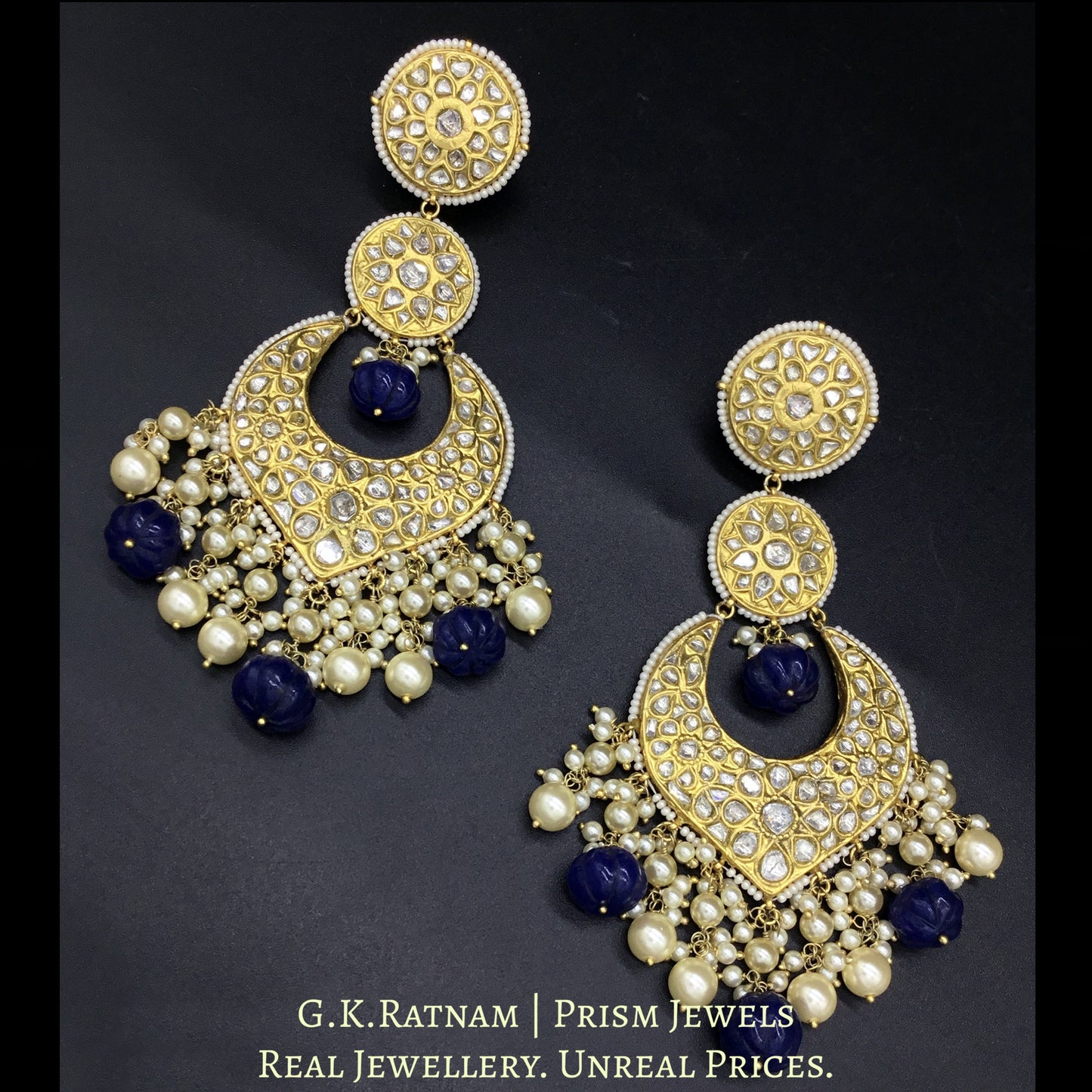 23k Gold and Diamond Polki Long Chand Bali Earring Pair with Rose Quartz Beads and Hyderabadi Pearls